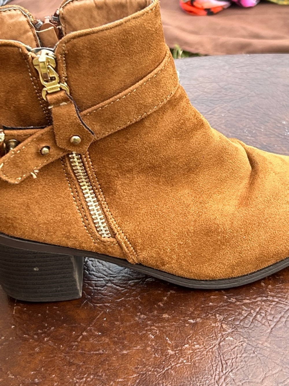 Suede Ankle Bootie in Tan with Gold Zip Accent